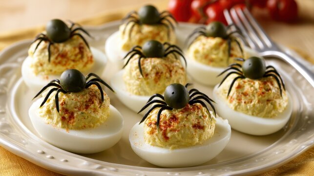 Deviled eggs decorated with olive spiders on white platter for Halloween party appetizer, spooky festive snacks, autumn holiday food layout