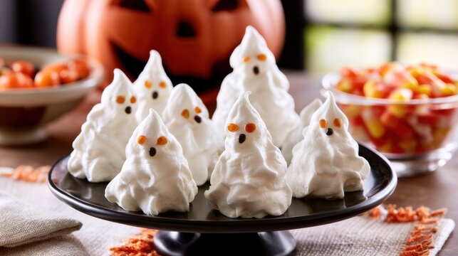 Meringue ghost desserts on black stand near jack o lantern for Halloween party sweets, festive ghost treats, spooky autumn dessert table