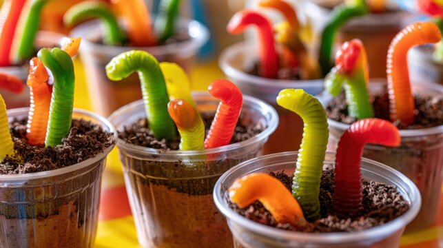 Gummy worms crawling out of chocolate soil cups for Halloween party kids dessert, creative dirt cups, festive trick or treat snacks