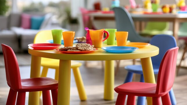 Colorful kids furniture set with plates and cups for birthday party snacks, bright children table setup in modern playroom interior