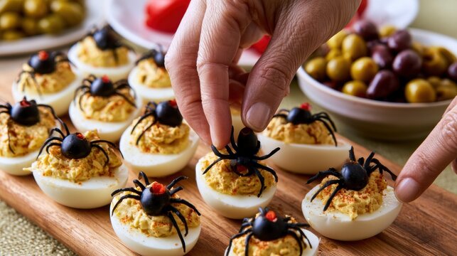 Woman hands decorating deviled eggs with olive spiders on wooden board for Halloween party preparation, spooky appetizer arrangement, festive food prep