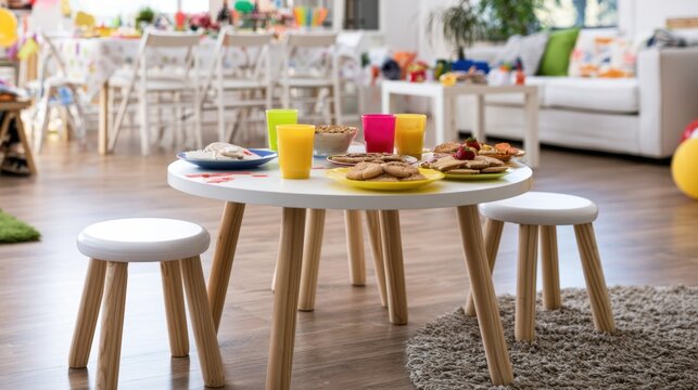 Kid party table with colorful cups, snacks, and biscuits in modern living room for birthday celebration, children festive gathering setup