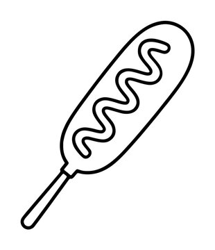 Corn dog hand-drawn vector icon illustration, black outline line art of a battered sausage on a stick with wavy zigzag mustard detail, minimalist snack symbol, isolated white background