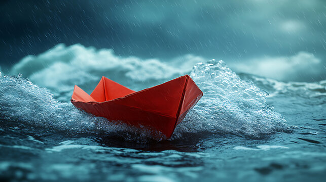 Lone red paper boat sailing through rough stormy seas symbolizing resilience.
