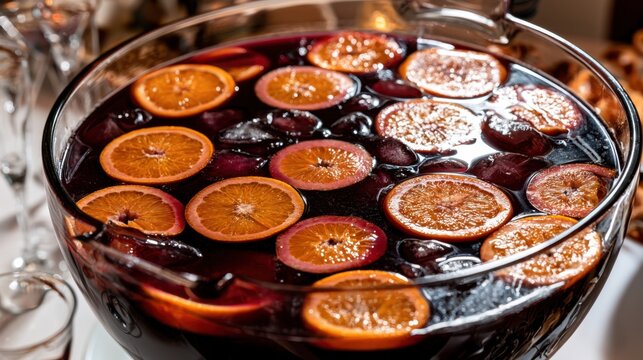 Large glass punch bowl with sangria and sliced oranges for holiday party drinks, festive cocktail bowl presentation