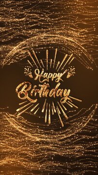 Happy Birthday gold script shines between sweeping particle fountains and radiant decorative lines on a dark amber background. Perfect for luxury greeting cards, party openers, invitations and events.
