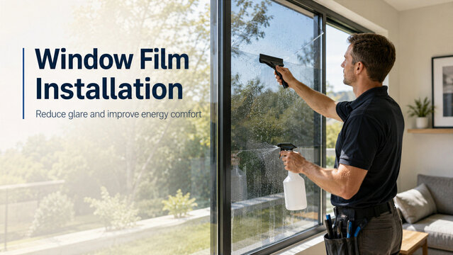A man installs window film in a home. He uses a spray bottle and a squeegee. Sunlight shines through the windows, making the space bright