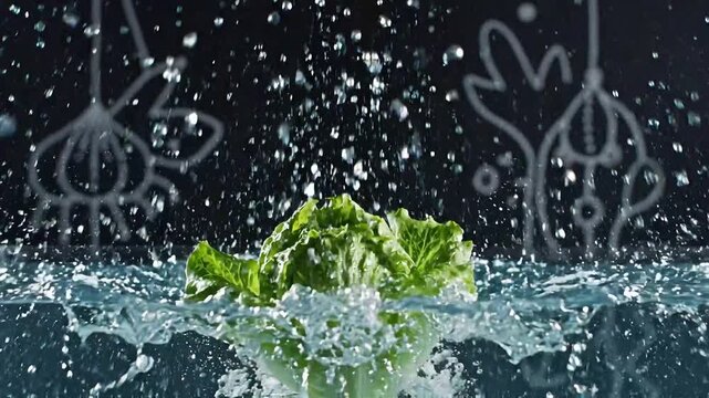 Fresh green lettuce dropping into clear water with a large splash in slow motion