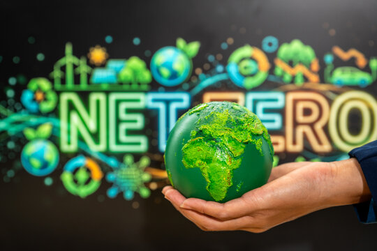 Hand holding a green earth globe in front of net zero text, showing climate action, sustainability, and clean energy concept.