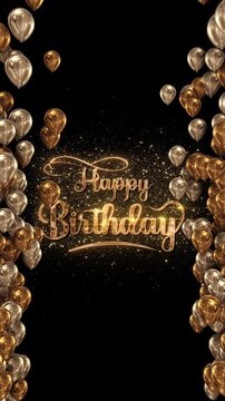 Happy Birthday gold script sparkles at the center of a black background framed by metallic gold and champagne balloons. Perfect for luxury party greetings, invitations, anniversary wishes and parties.