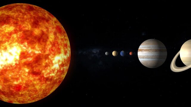 Cinematic solar system animation showing planets aligned from the Sun in sequence, with a stunning space background ideal for documentaries, presentations, science content, education,and digital media