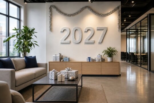 Modern office lounge decorated with 2027 numerals and employee gifts, ideal for workplace culture and corporate New Year communication