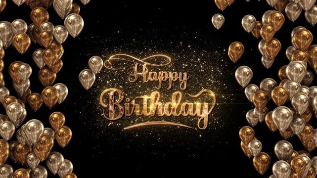 Luxury birthday typography glows amid glittering particles as bronze and silver balloons surround the frame. Perfect for celebration intros, social cards, festive announcements and premium promotions.