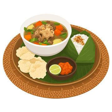 Indonesian Sop Buntut Oxtail Soup with Vegetables, Rice, Crackers and Sambal