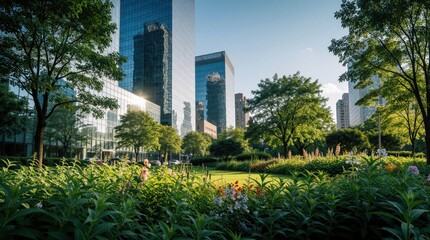 Naklejka premium Modern glass skyscrapers reflect bright sun in eco friendly city park. Rich green trees, colorful summer flowers grow near urban office buildings. Sustainable architecture integrates nature into