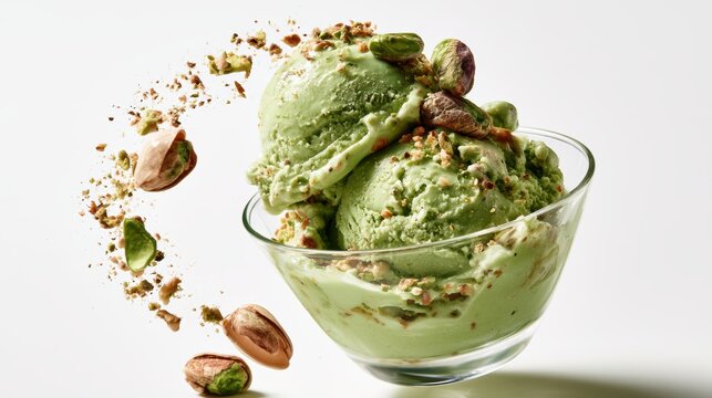 Pistachio ice cream with pistachio nuts on white background and nut crumble,pistachio nuts isolated for package design,menu in cafe,popular trendy,banner concept.