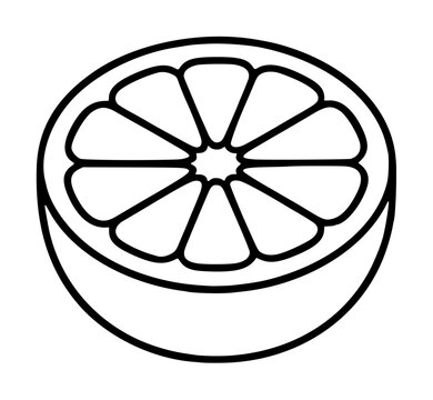Hand-drawn vector icon illustration of a sliced citrus grapefruit half showing juicy segmented pulp, rind outline, and cross section detail in clean black line art
