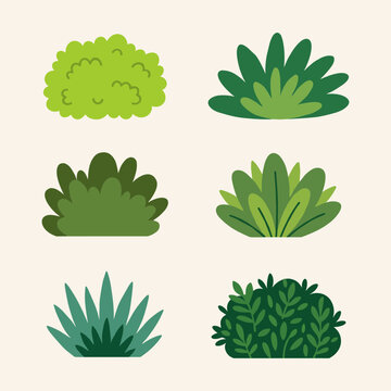 Simple green botanical nature shrubs and bushes element set