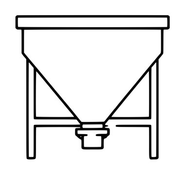 Hand-drawn vector icon illustration of a hopper container or industrial funnel feeder mounted on a four-legged frame, featuring clean black outlines and minimalist line art style for industrial design