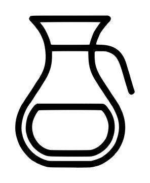 Hand-drawn vector icon of a classic glass carafe pitcher with curved handle and rounded base, minimalist black line illustration on white background for beverage and kitchen design