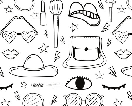 Doodle fashion pattern, hand drawn beauty icons, makeup accessories