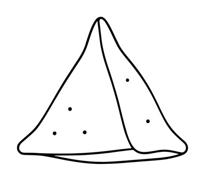 Hand-traced vector illustration of a crispy triangular samosa snack with folded pastry edges and scattered spice dot details, minimalist outline style icon design for culinary use