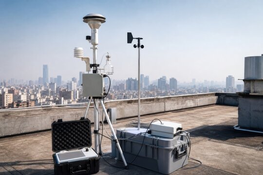 Urban rooftop air quality monitoring station with particulate sampler, ideal for environmental science, pollution research and city health