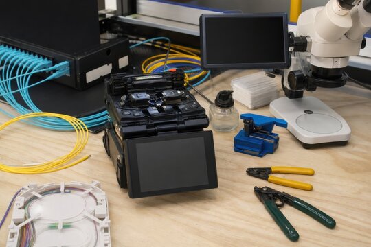 Fiber optic splicing workstation with fusion equipment and organized cables, ideal for broadband, telecommunications and network service
