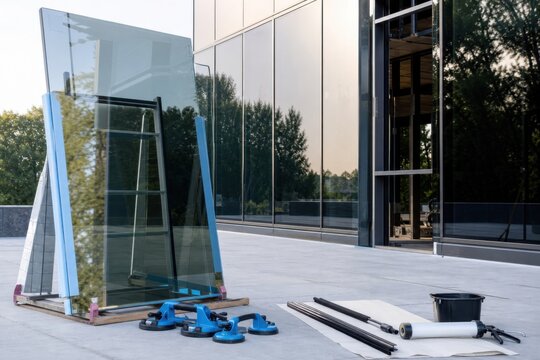 Architectural glass installation area with suction lifters and supported pane, ideal for glazing, construction and modern facade projects