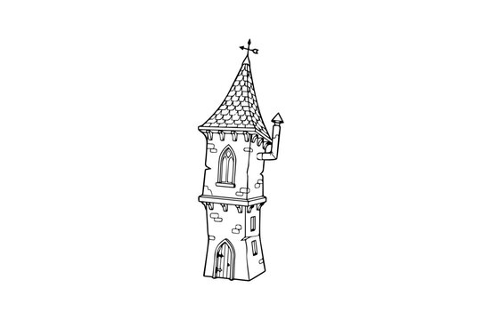 Gothic Haunted Castle Tower Line Art Vector Isolated on White Background
