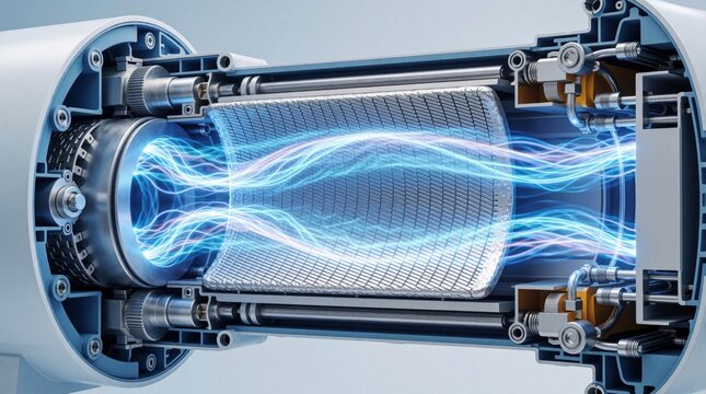 Cross-section of a hydrogen fuel cell core. Blue energy waves flow through a platinum membrane, visualizing a clean power reaction. Technical illustration of future energy generation.