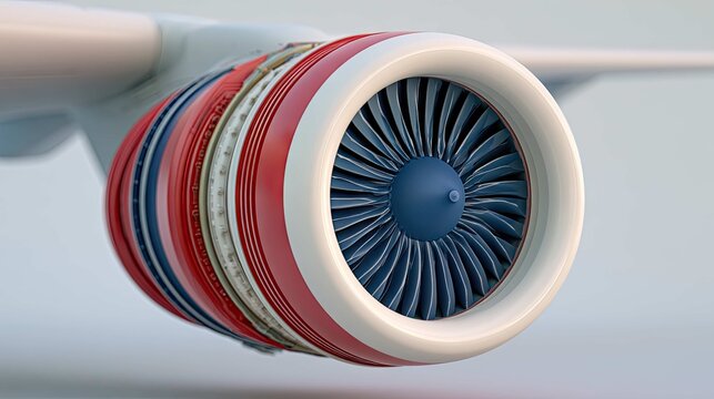 Close-Up View of Jet Engine Turbine with Detailed Fan Design and Colorful Components in Smooth Background