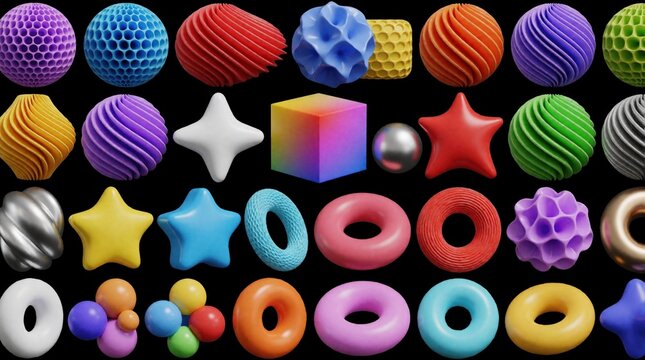 Collection of colorful 3D abstract geometric shapes on black background. Set includes spheres, cubes, stars, tori, textured objects with vibrant gradient colors. Modern digital art elements for