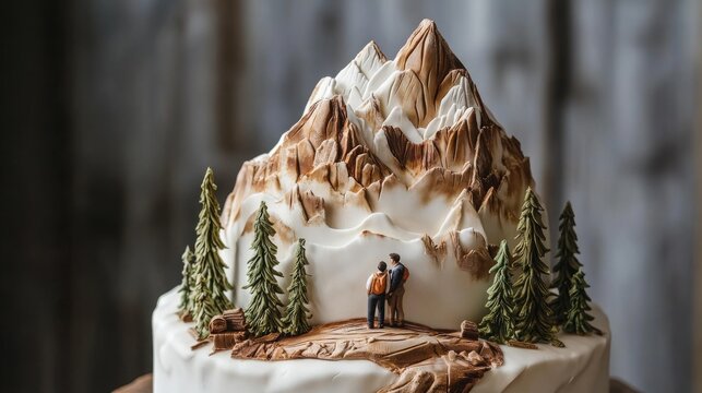 Cake decorated like a snowy mountain peak with miniature hiker figures and pine trees stands against a dark background.