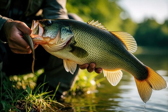 Fisherman holds largemouth bass caught from calm lake water. Man shows fresh water fish with lure in mouth on sunny day. Outdoor hobby activity.