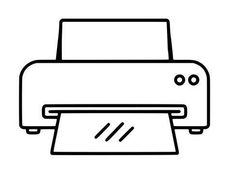 Hand-traced vector icon illustration of a desktop laminator machine with paper feed output, clean black outline line art design for office equipment graphics