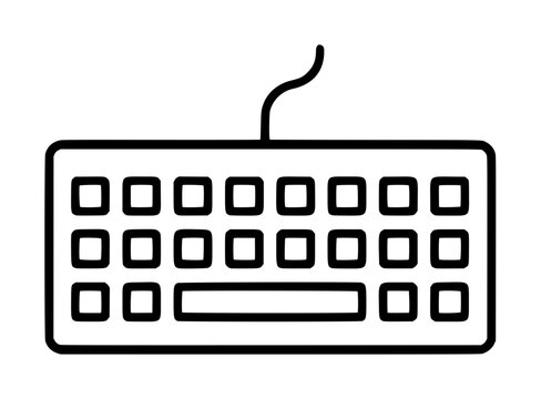 Minimalist black outlined computer keyboard vector icon with wire, hand drawn flat illustration of rectangular keys and wide spacebar on white background for tech graphics