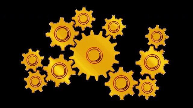 Golden gears and interlocking cogs rotate continuously in a 3d looping animation featuring glossy metallic details on a transparent background, perfect for business teamwork and industrial concepts.