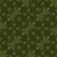 Seamless Damask Pattern with Traditional Oriental Floral Elements in Deep Olive Green Tones Raster Illustration © Julllia