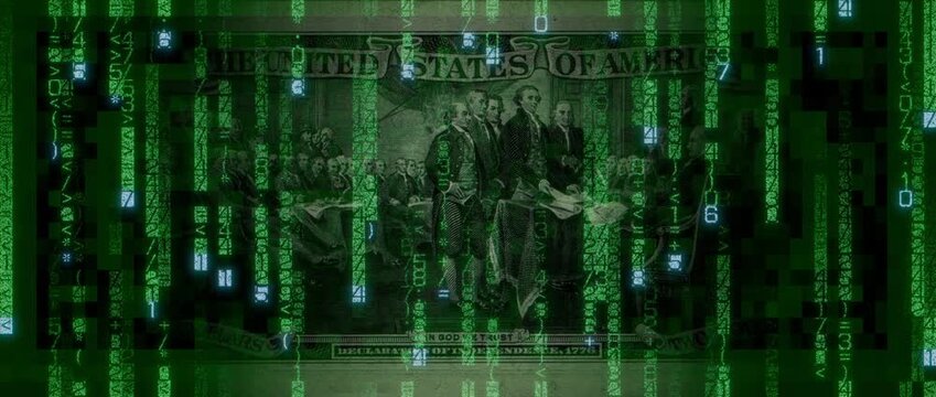 Electronic Cash Concept with Two Dollar Bill made up of Animated Numbers and Symbols. Futuristic Finance Wallpaper.