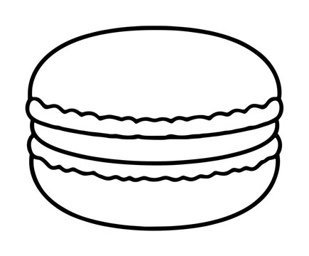 Hand-traced black and white vector icon illustration of a classic double-layered macaron pastry with smooth dome shells and ruffled creamy filling, minimalist line art, isolated on white background,