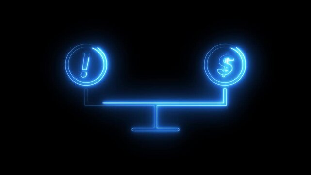 Neon blue scale balancing exclamation mark and dollar sign icon glowing on black backdrop