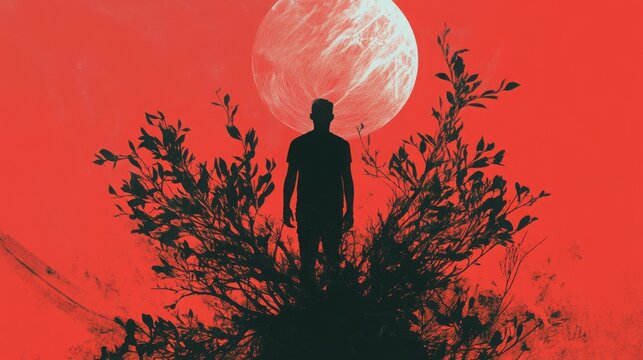 Man silhouette standing amidst dark foliage under a large textured moon against a vibrant red background.