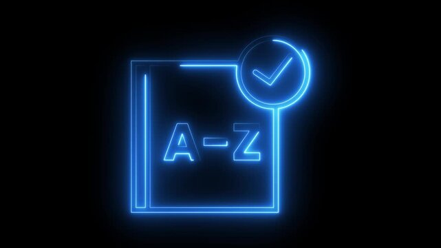 Blue neon alphabet book with checkmark glows on black background animated motion