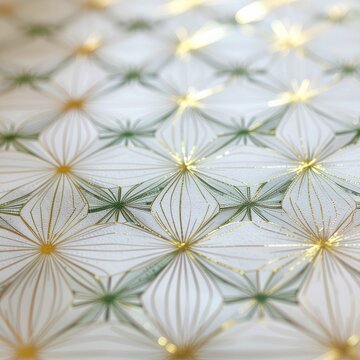 Extreme close-up of a gold foil asanoha star pattern printed on green washi paper with soft bokeh