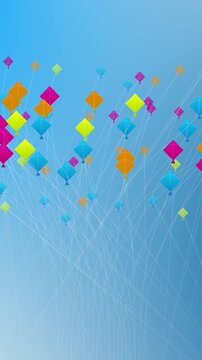 Colorful kites soar across a bright blue sky with flowing white strings and festival colors. Perfect for Makar Sankranti, Uttarayan greetings, kite events, Indian celebrations and seasonal promotions.