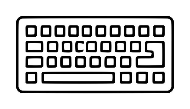 Hand-traced black outline vector icon illustration of a compact computer keyboard featuring square keys arranged in rows, with enter and spacebar keys, designed in a minimalist line art style on a