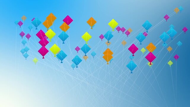 Dozens of pink, orange, yellow and blue kites fill a bright sky in a dynamic animated pattern. Perfect for harvest festival titles, cultural invitations, family events and festive holiday backgrounds.