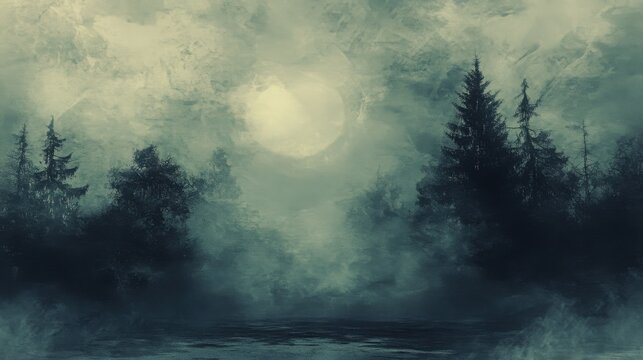 Pine trees silhouetted against a pale full moon shining through thick fog and misty clouds in a dark forest landscape.