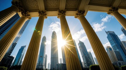 Fototapeta premium Tall ancient columns frame a sunbeam piercing through, illuminating modern skyscrapers against a clear blue sky. Urban fusion of classical and contemporary architecture.